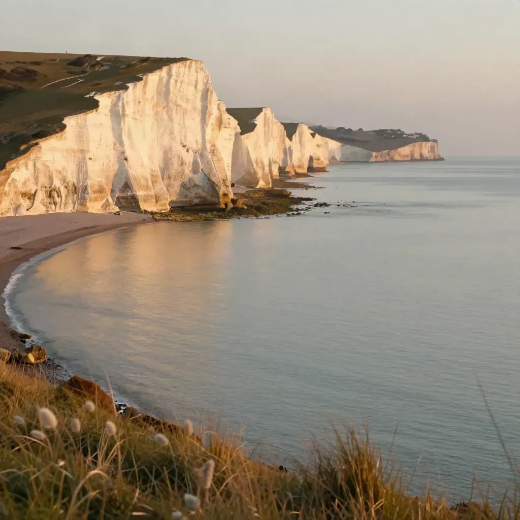 Golden chalk cliffs above a misty pale sea with a distant headland at sunset