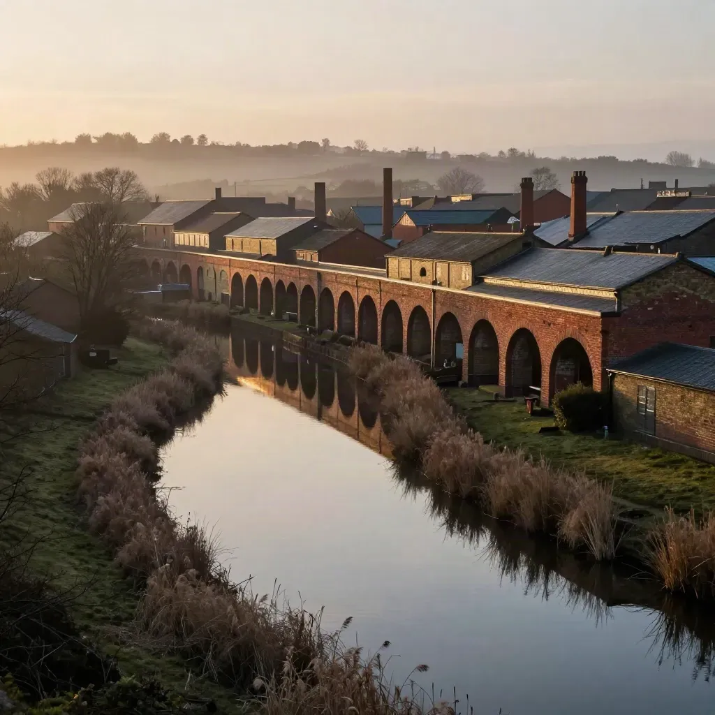 Amber-hazed canal corridor with red-brick viaducts and warehouse roofs over calm water.