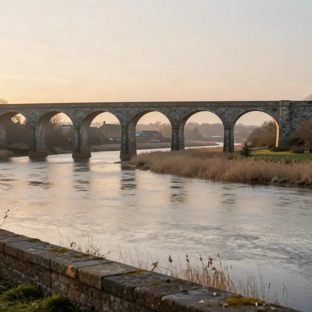 Midlands stone viaduct above a hazy river plain at dusk