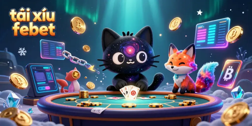 Engage in tài xỉu febet at a cosmic casino with dynamic characters and vibrant energy.