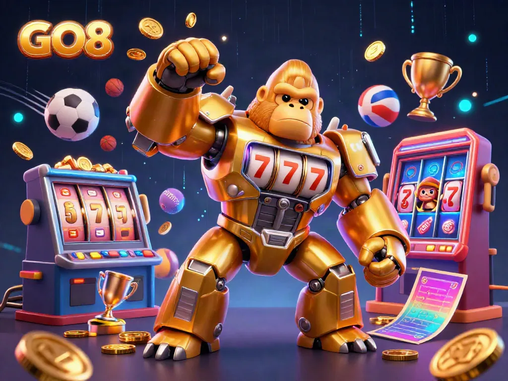 GO8's vibrant 3D illustration showcasing a golden gorilla mech amidst dynamic casino game elements, enriching the gambling experience.