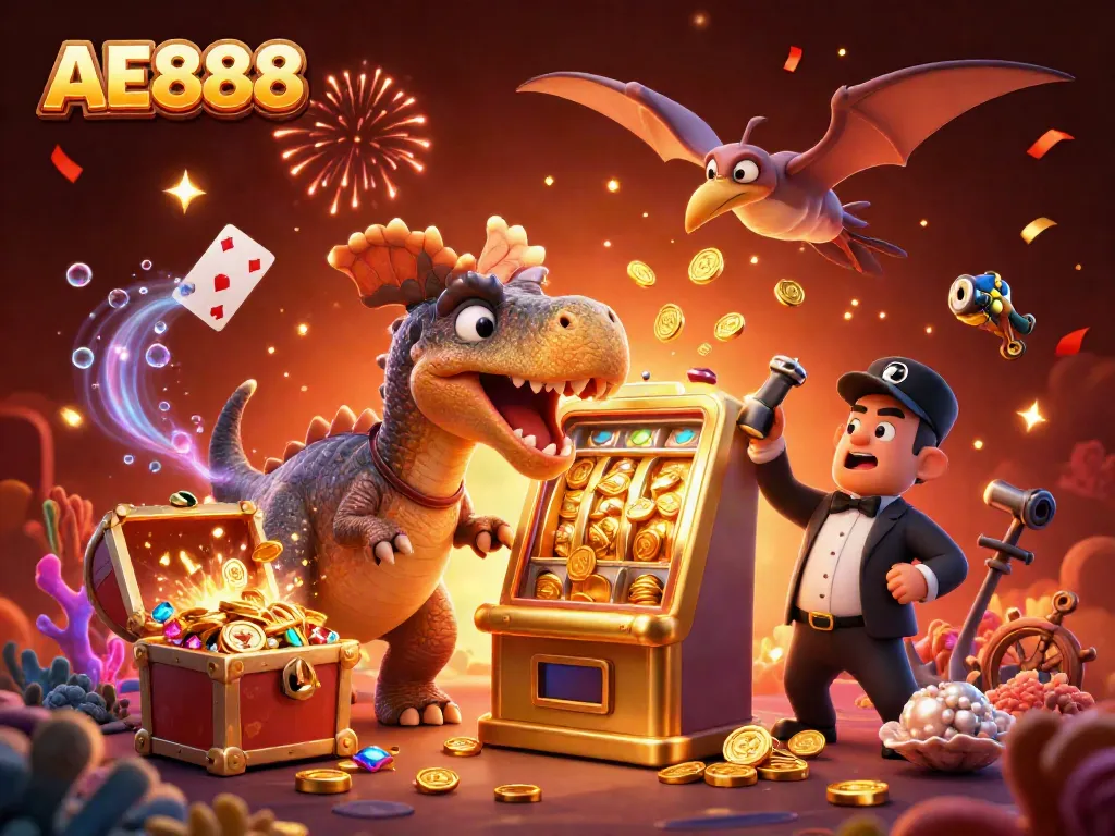 Win jackpots at AE888 with a cartoon dinosaur celebrating by a golden slot machine, amidst vibrant casino elements.