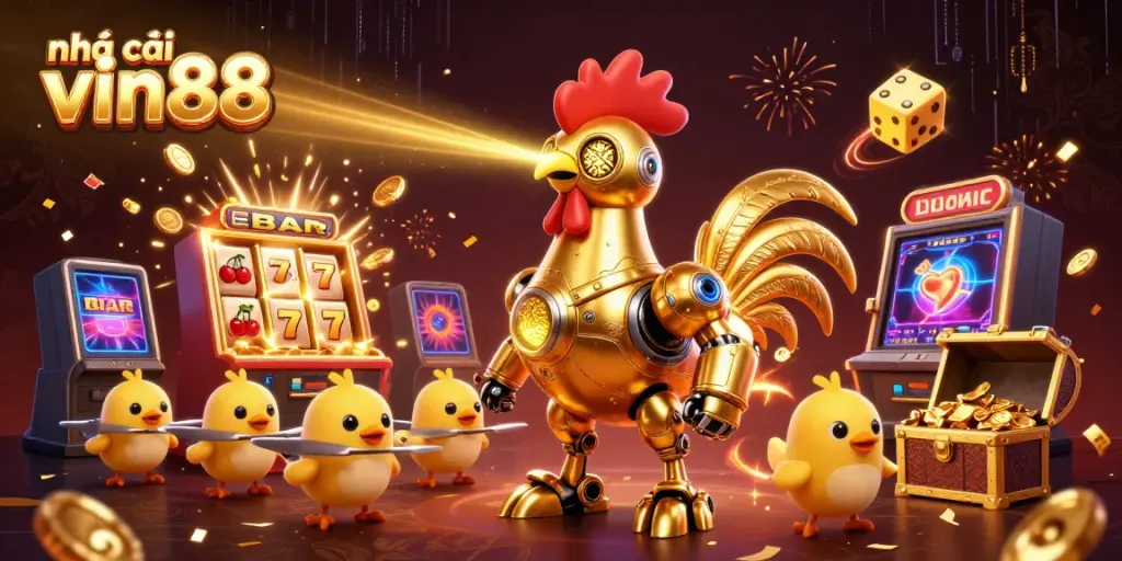 Engage with the fun at nhà cái vin88, featuring an exciting casino scene with a golden rooster robot and vibrant game elements.