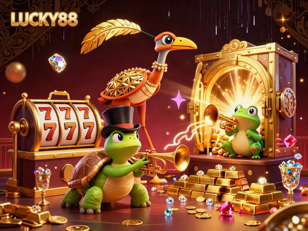 Immerse in LUCKY88 casino adventures with vibrant scenes of golden treasures, lively characters, and dynamic game reels.