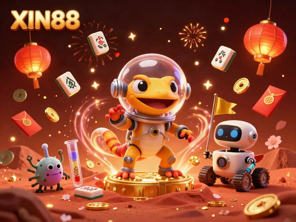 XIN88 delivers a vibrant Martian scene with a gecko and rover amidst floating casino elements and celebrations.