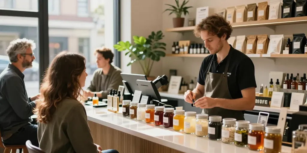 Cannabis concentrates in UK displayed in a modern dispensary with customers interacting.