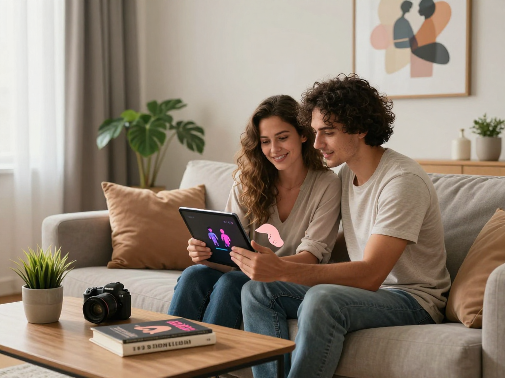 Couple exploring AI sex app on tablet in a cozy living room.