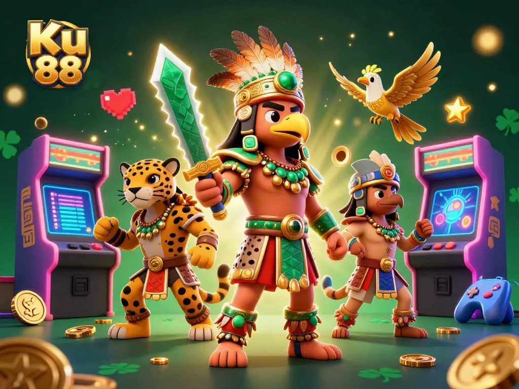 Engage in thrilling gameplay at Ku 88 with vibrant 3D Aztec characters and colorful gaming elements.