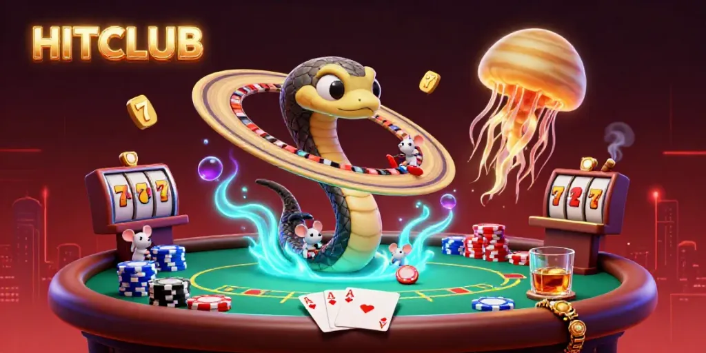 Playing at HITCLUB with a vibrant casino theme, featuring a 3D snake roulette and vibrant poker scene.