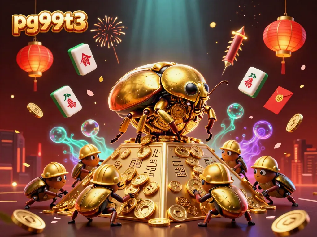 Experience exciting gameplay at pg99t3 with a golden dung beetle rolling coins through a vibrant casino scene.