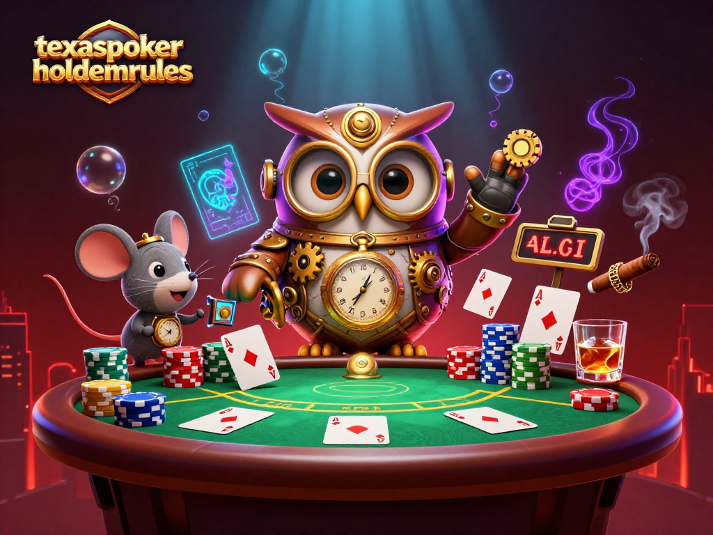 Experience the thrill of texaspokerholdemrules with a dynamic poker scene featuring playful characters and vibrant casino elements.