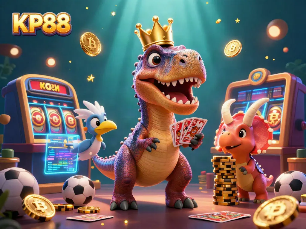 Experience the excitement of KP88 with a T-Rex shuffling cards and vibrant casino elements around.