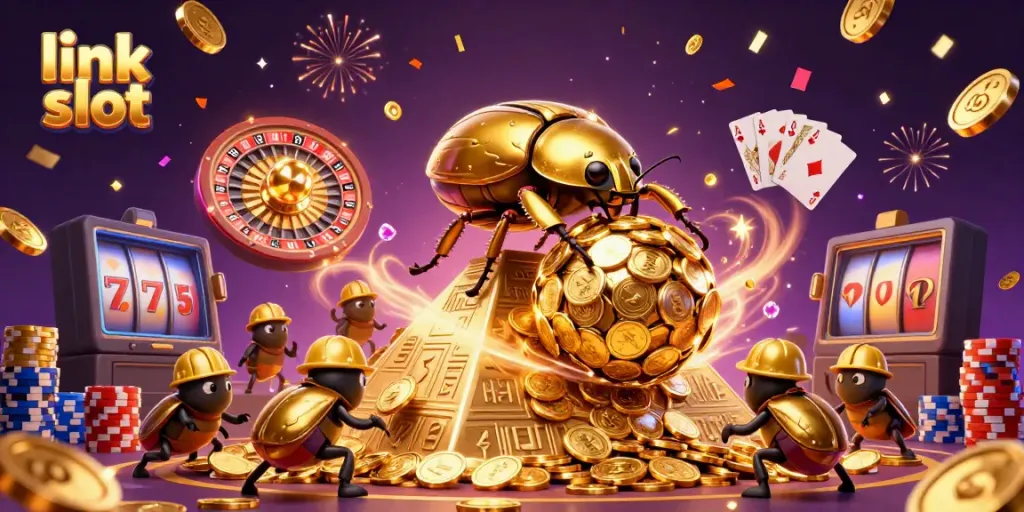 Experience thrilling gameplay with link slot featuring golden coins and casino symbols in an elaborate scene.