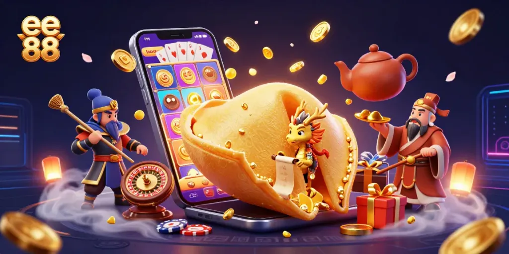 Spin the reels with ee 88’s vibrant casino scene, featuring fortune cookie and fortune dragon.