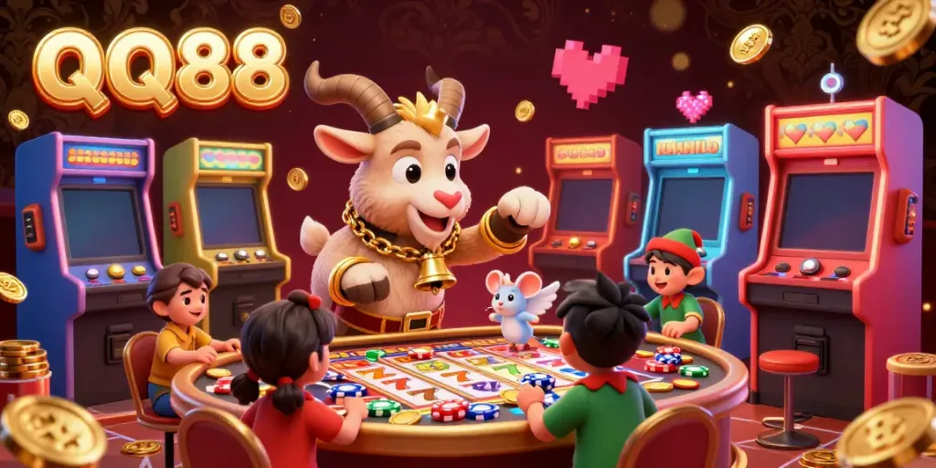 Join the fun at QQ88 with a vibrant casino scene featuring the Krampus goat and elf gremlins amidst slot machines.