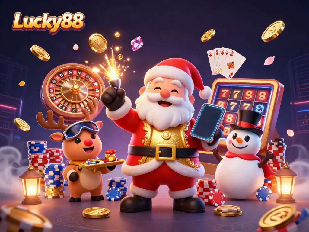 Engage with exciting slot games at Lucky88 featuring animated casino characters in a vibrant setting.