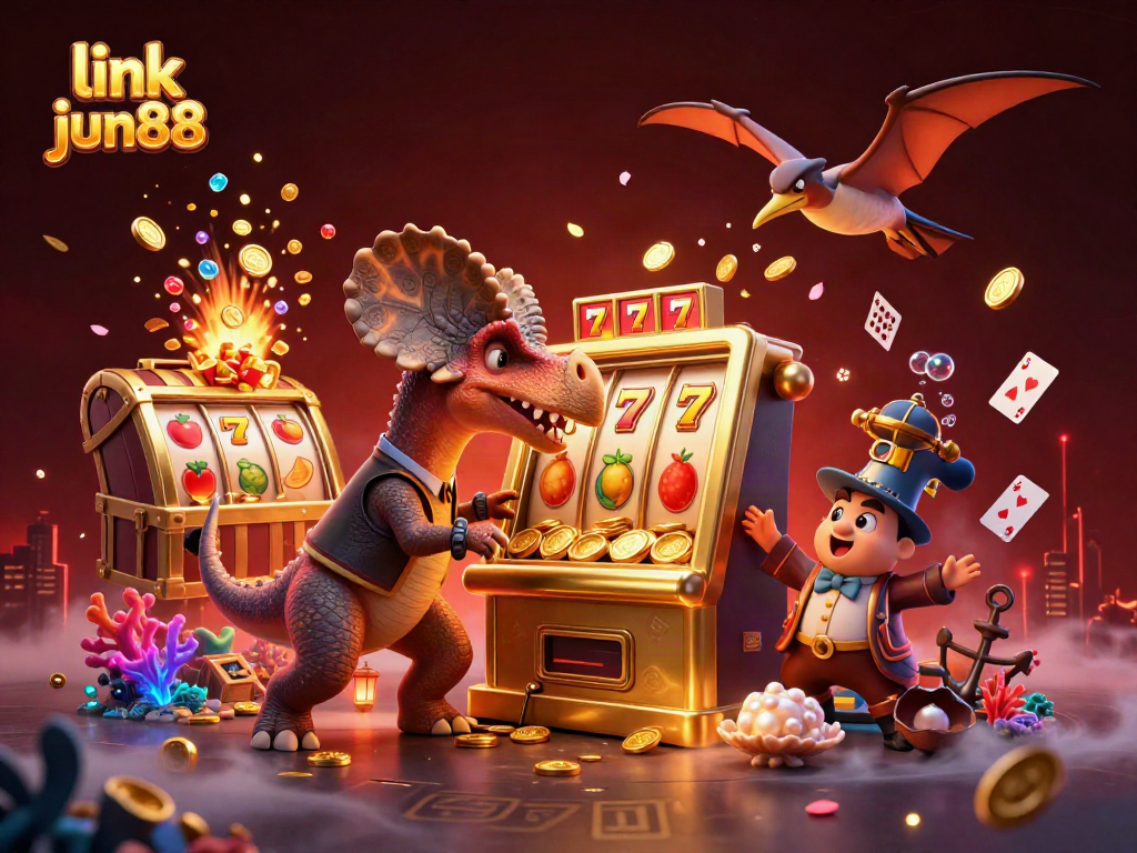 Experience the thrill of link jun88 with a pachycephalosaurus celebrating a jackpot win in a colorful casino scene.