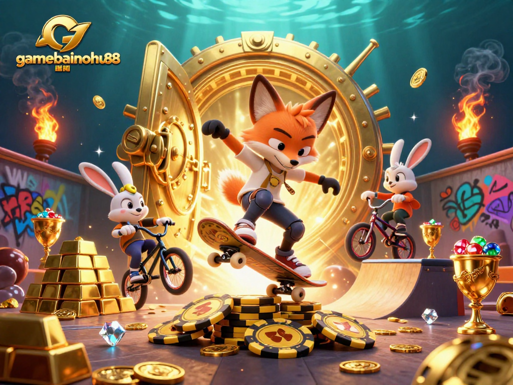 Experience the thrill of gamebainohu88 with a dynamic 3D illustration of cartoon characters indulging in casino adventures.