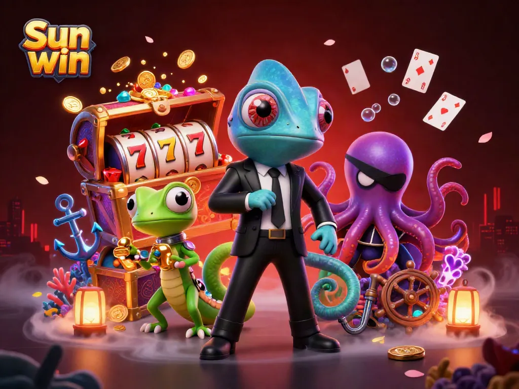 Experience thrilling gameplay with Sun win, featuring animated characters in a vibrant casino scene.