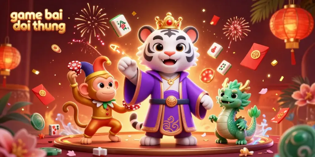 Experience fun in game bai doi thuong with a cartoon tiger, monkey juggling chips, and vibrant elements.