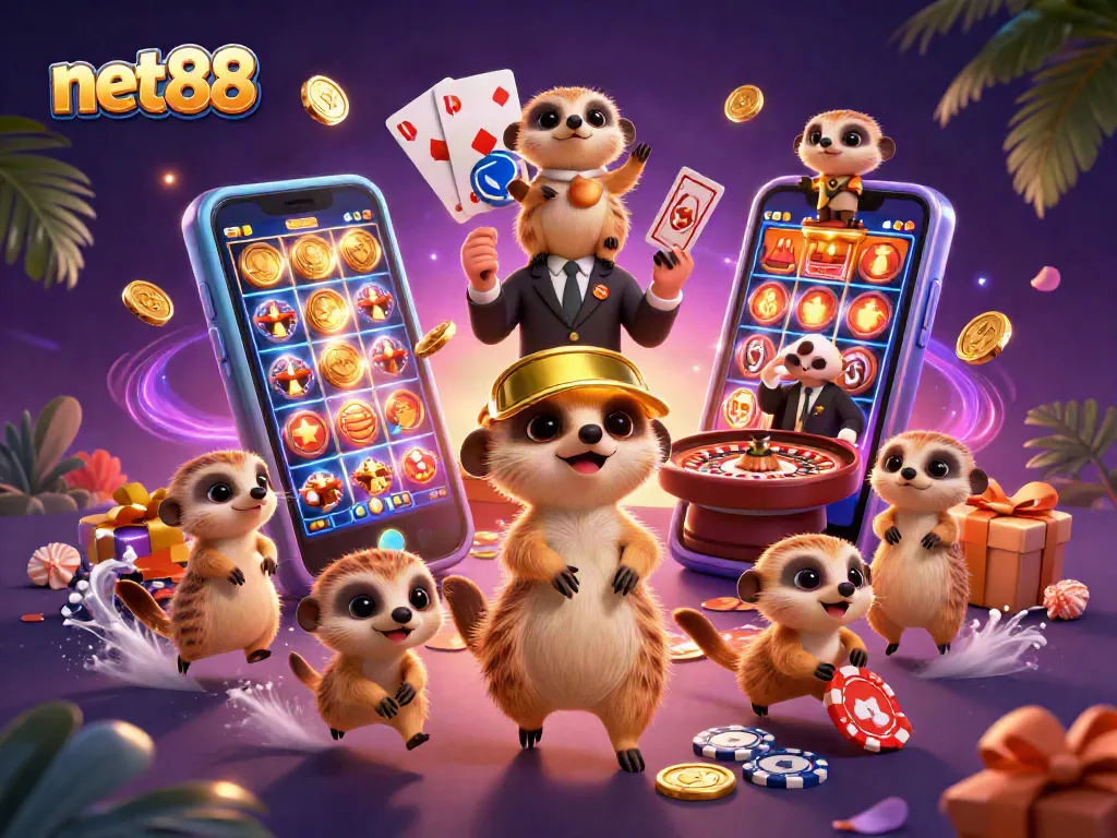 Experience thrilling gaming action at net88 with lively meerkats operating a vibrant casino.