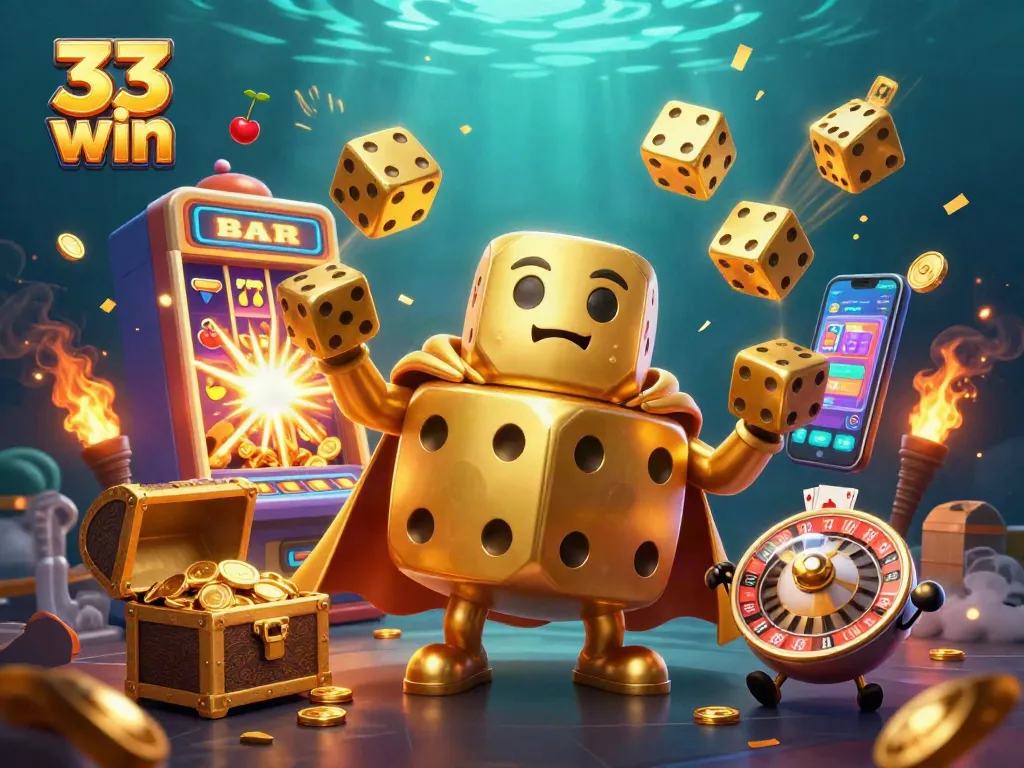 Engage with thrilling action at 33 win, featuring a golden dice golem and explosive jackpots.
