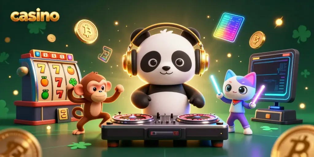 Experience a vibrant casino scene with a DJ panda, breakdancing monkey, and a glow-stick kitten surrounded by slot game elements.