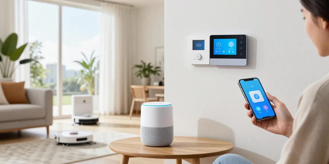 Smart home gadgets showcased in a modern living room with smart speaker and thermostat.