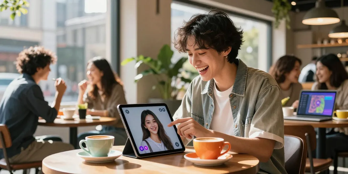 Engaging urban scene showcasing a young adult interacting with 18+ AI applications in a café, vibrant atmosphere.