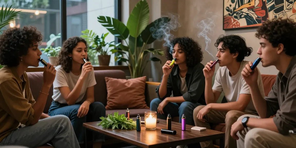 Group enjoying weed vapes in a cozy lounge with stylish accessories